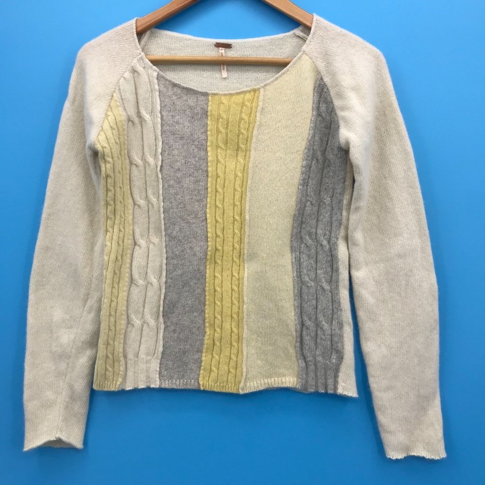 Free People Cable Striped Wool Blend Sweater Ivory Yellow Grey Small